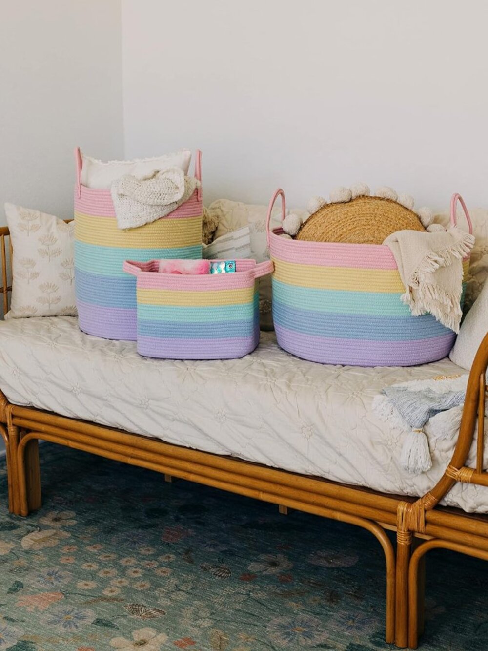 Rainbow Toy Basket & Blanket Storage Bin, Nursery 20x13" | Rainbow Pastel - Roun - Picture 7 of 8